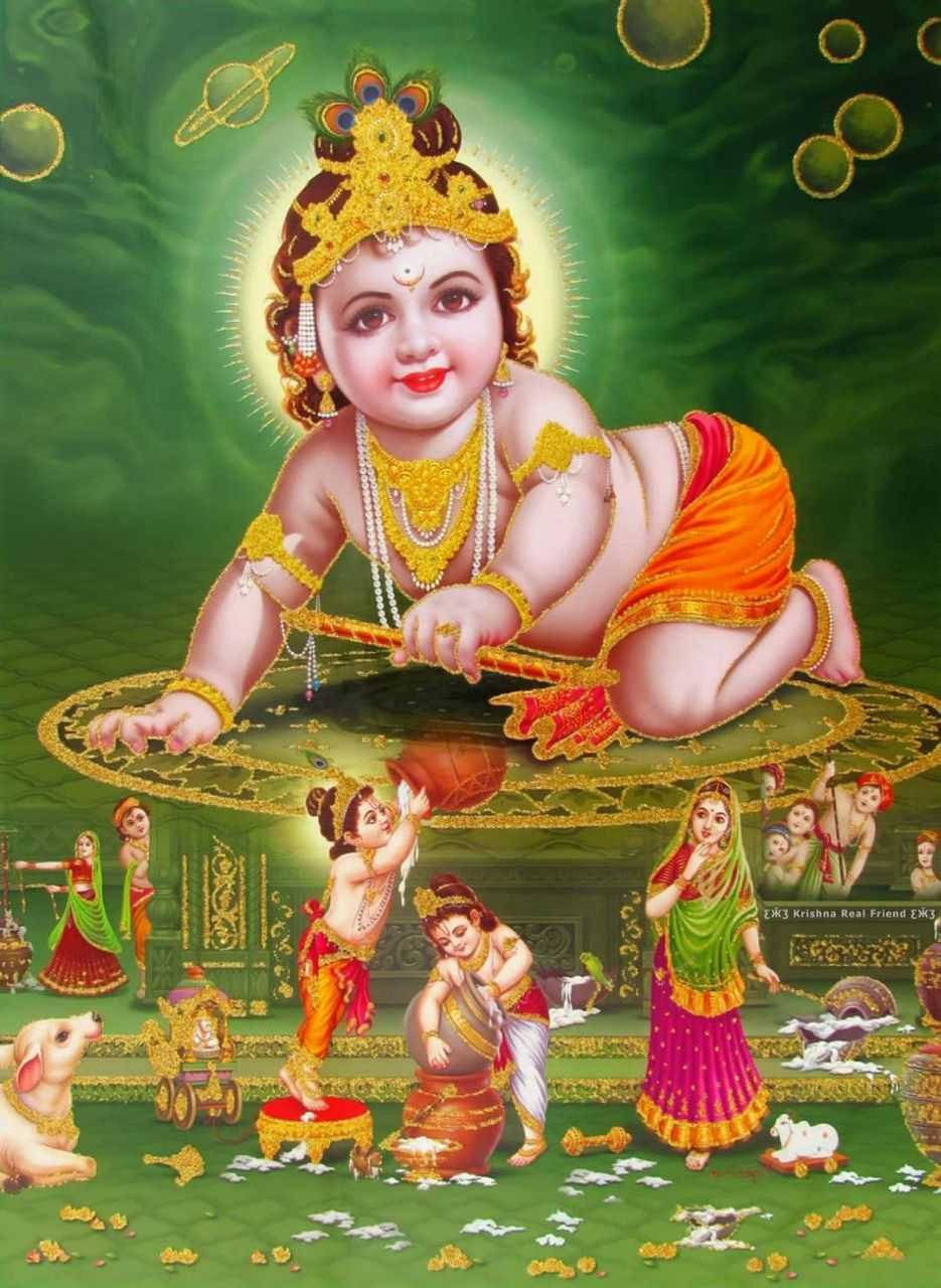 Baby Krishna Ji In Green Background Background