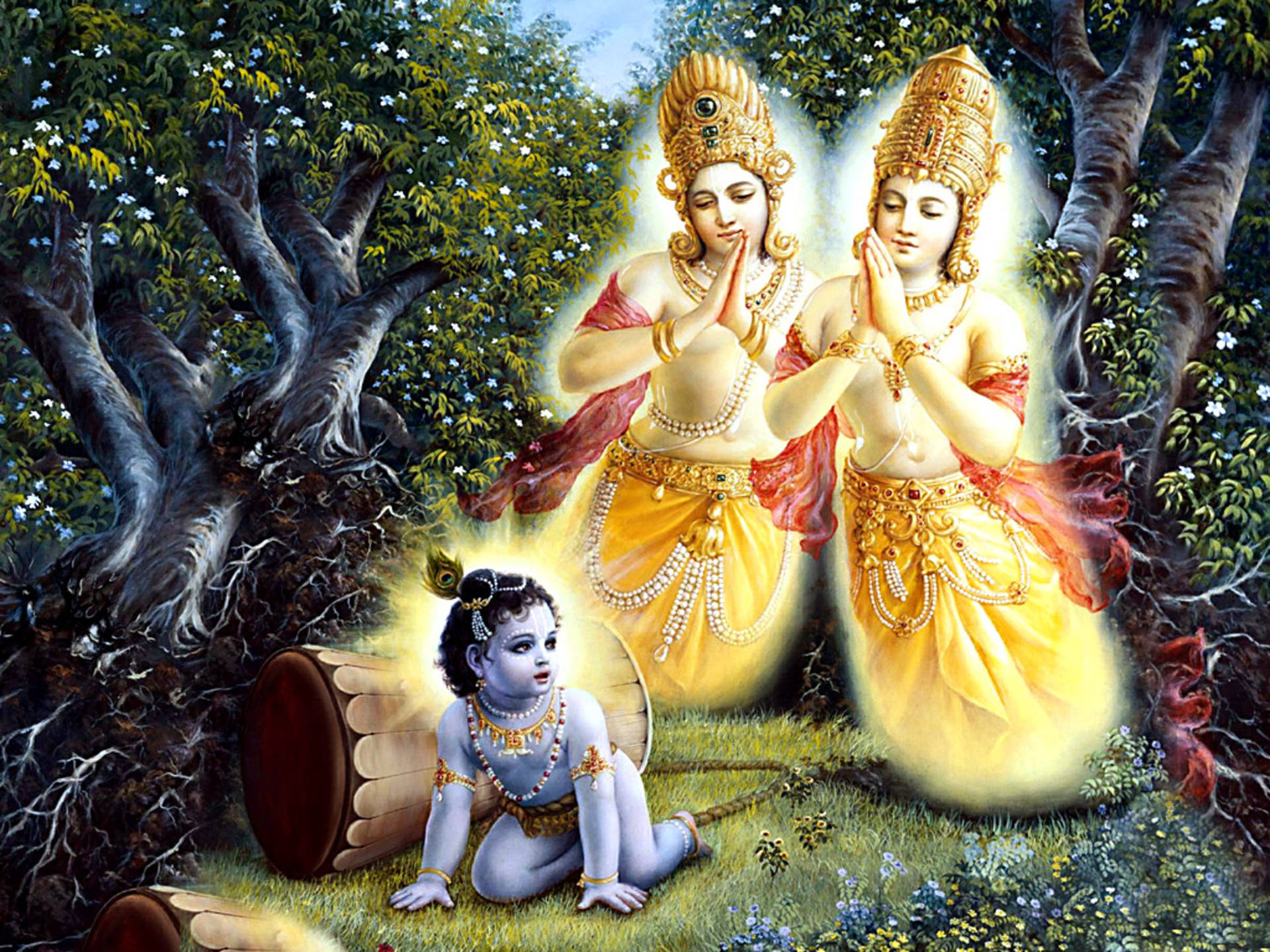 Baby Krishna Playing In Garden Background