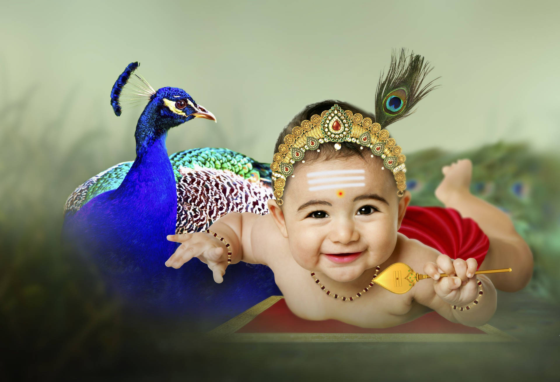 Baby Murugan With Blue A Peacock Background