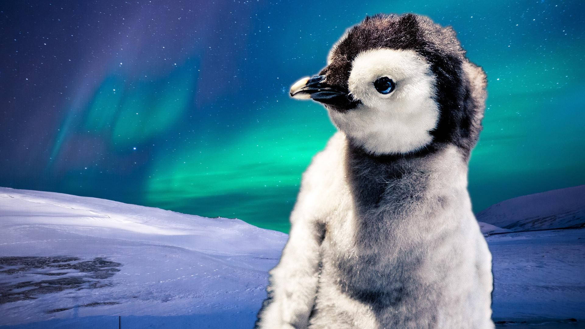 Baby Penguin And Northern Lights Background