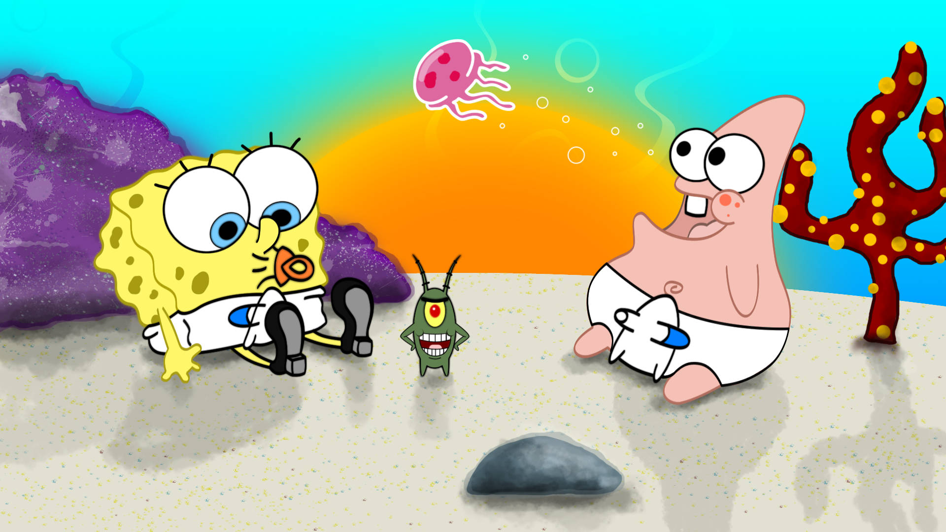 Baby Spongebob And Patrick With Plankton Background
