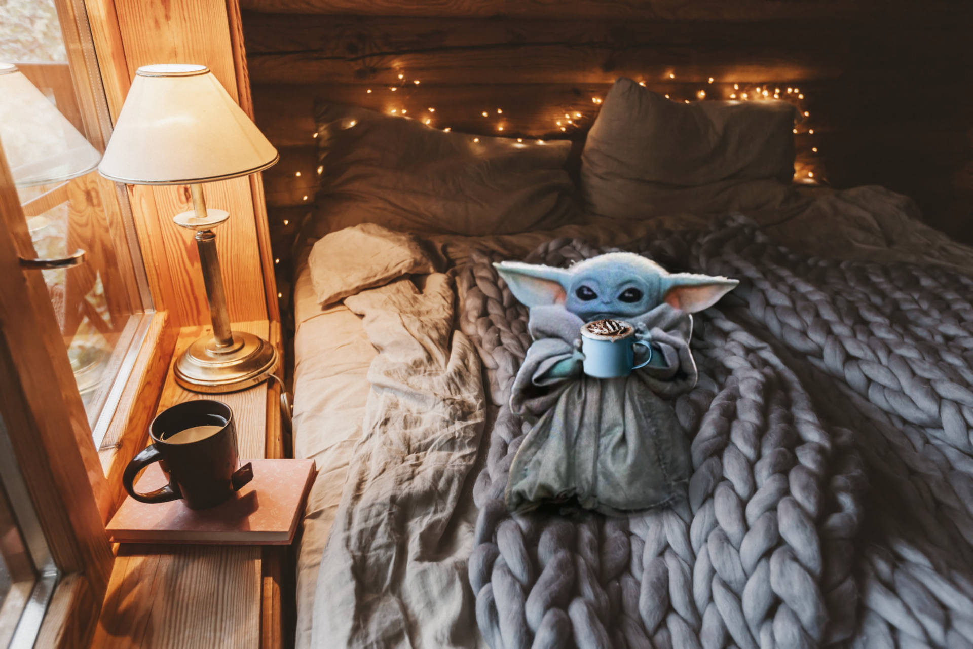 Baby Yoda On Cozy Winter Bed Background