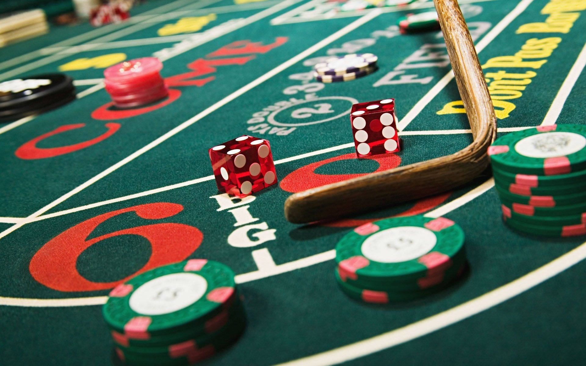 Baccarat Game Table Green Poker Chips Red Dices Background