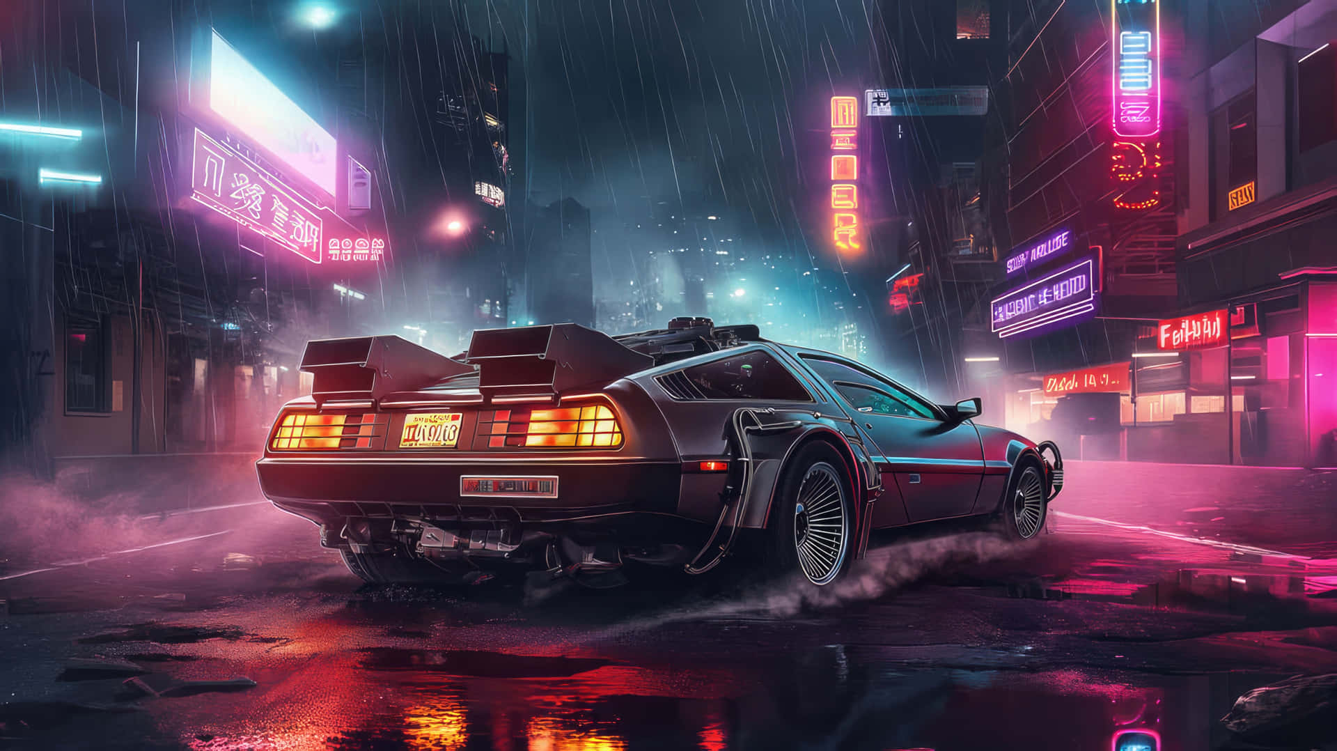 Back To The Future De Lorean Time Machine Night Cityscape Background