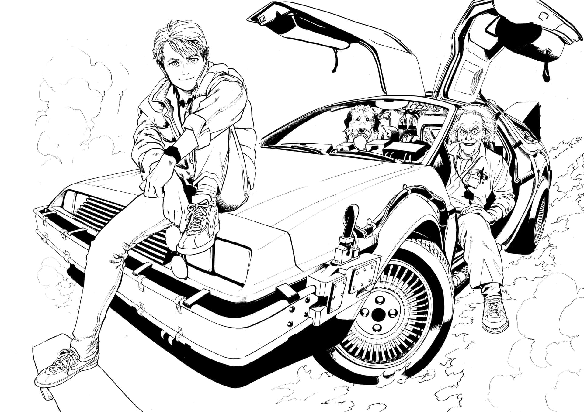 Back To The Future_ Line Art_ Delorean_and_ Characters Background