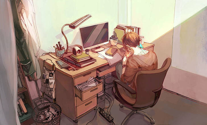 Backview Of Anime Guy's Laptop Workstation