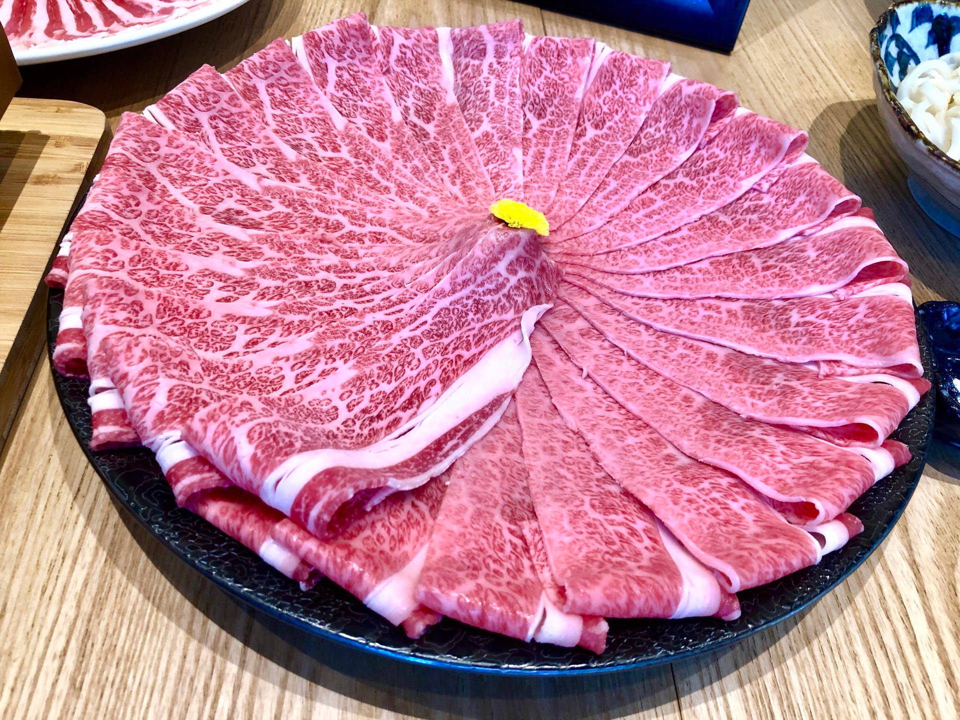 Bacon Cut Fresh Kobe Beef In Circle Background