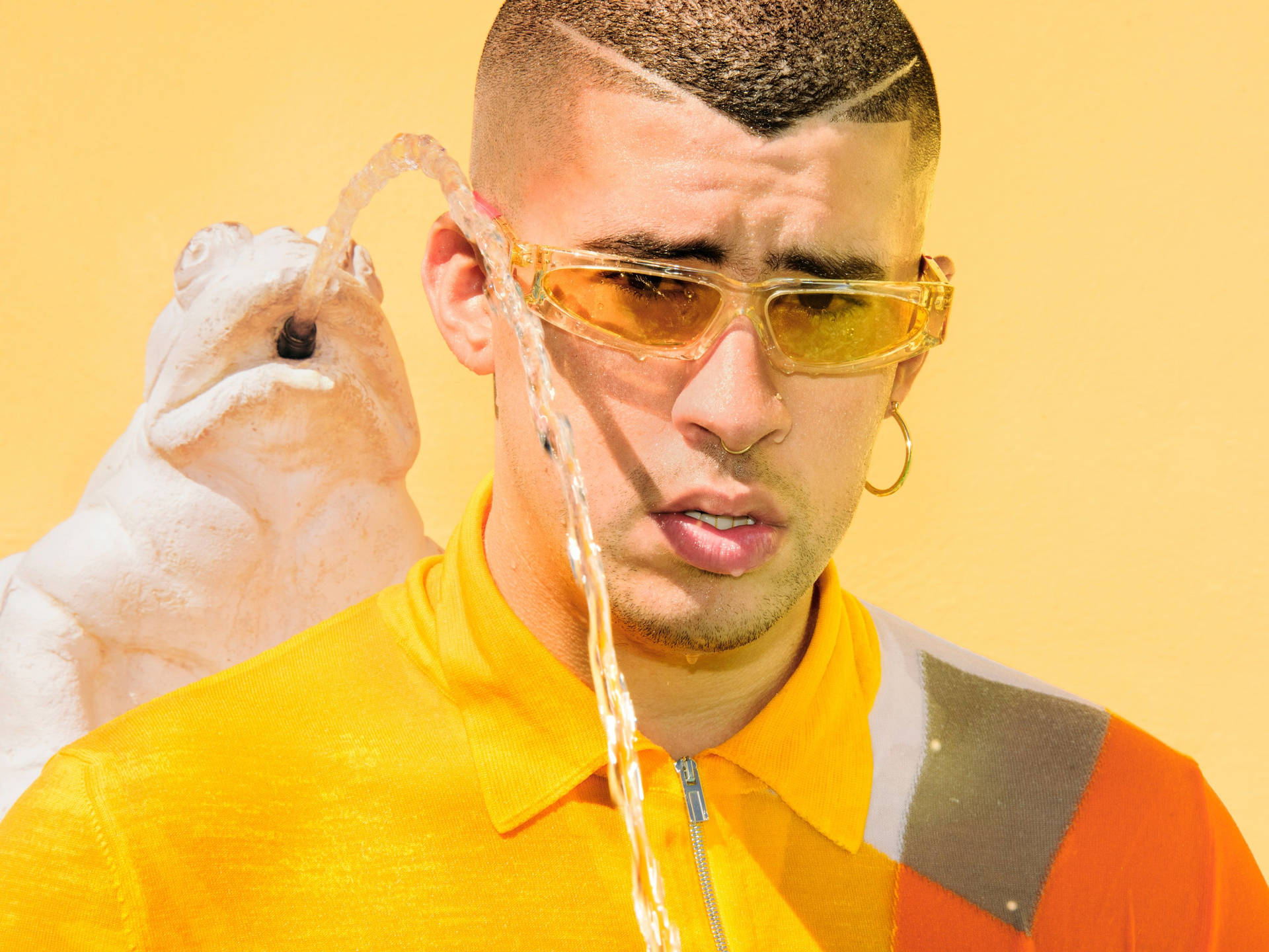 Bad Bunny With White Frog Fountain Background