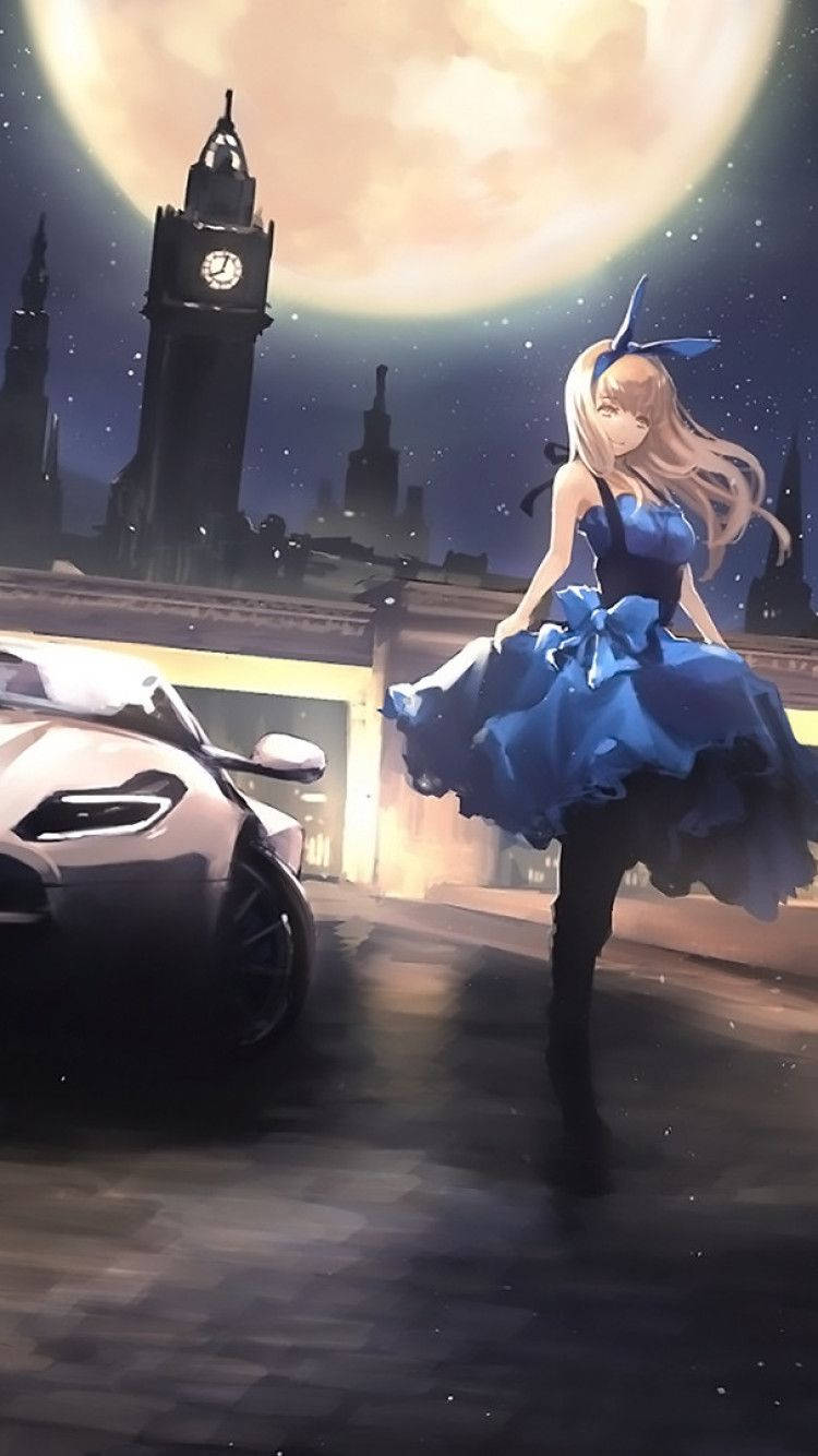 Bad Girl Anime Sports Car Night Background