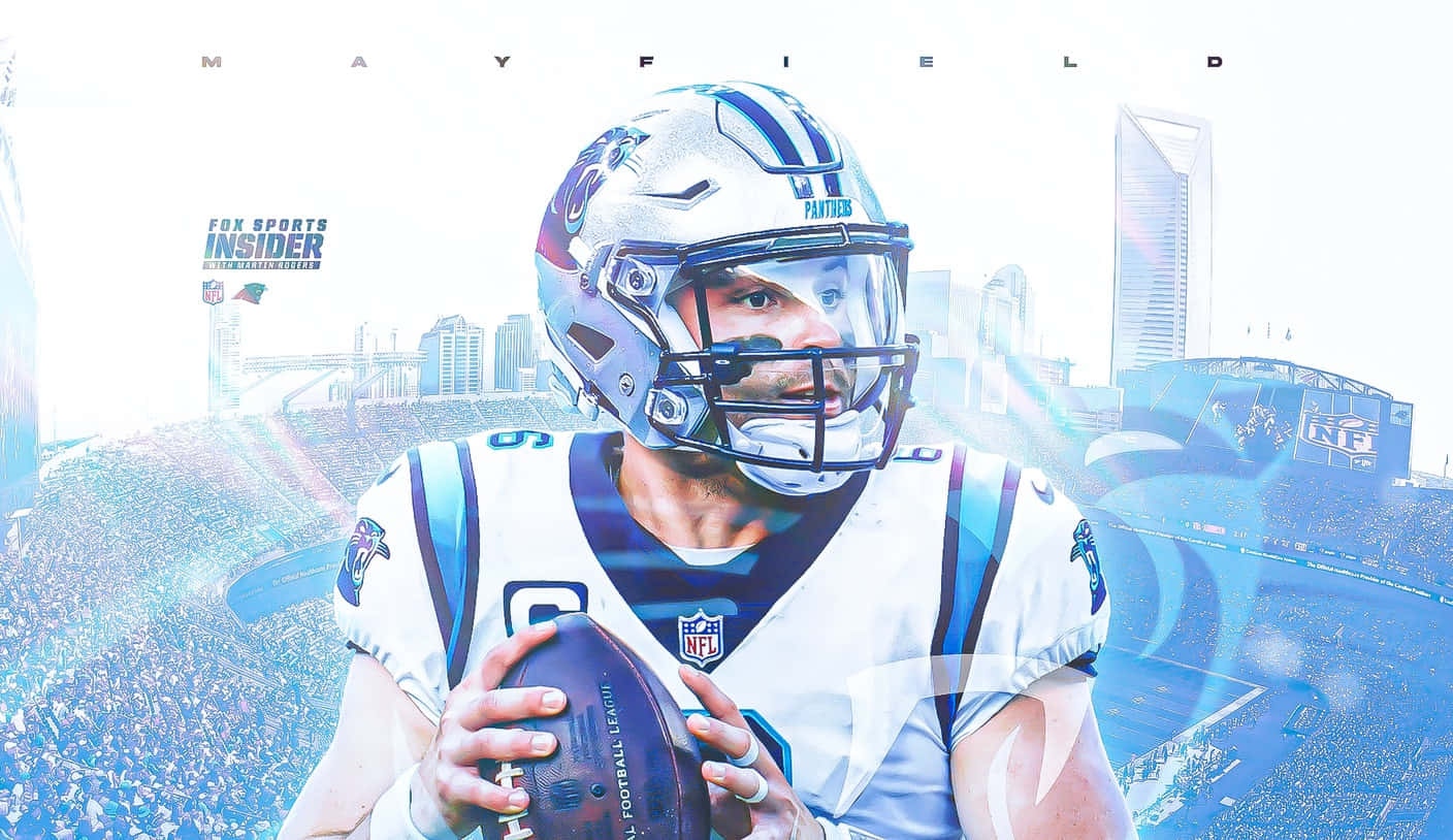 Baker Mayfield Holding A Ball Blue Art Background