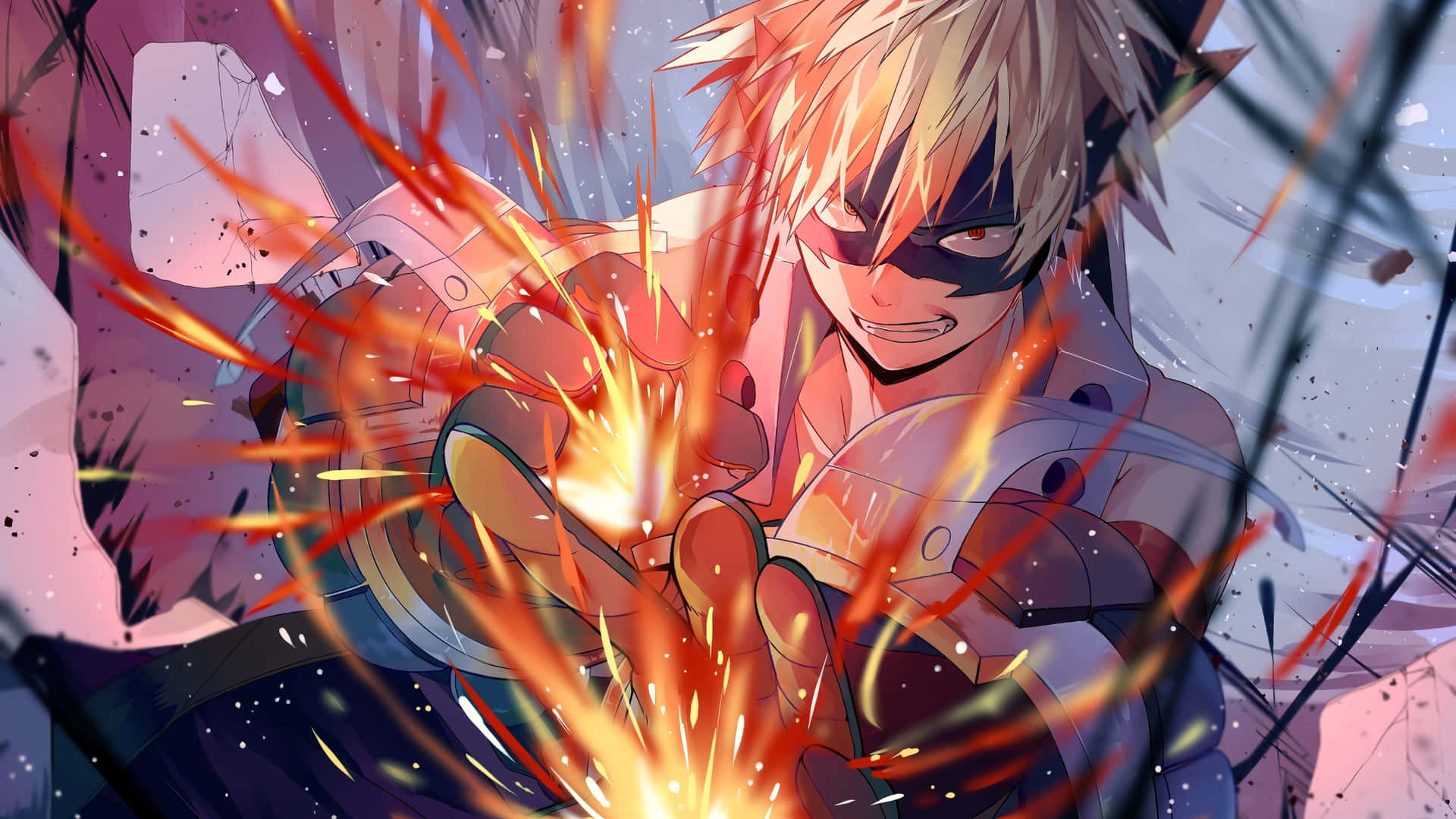 Bakugou Stands Determined Against A Fiery Background Background