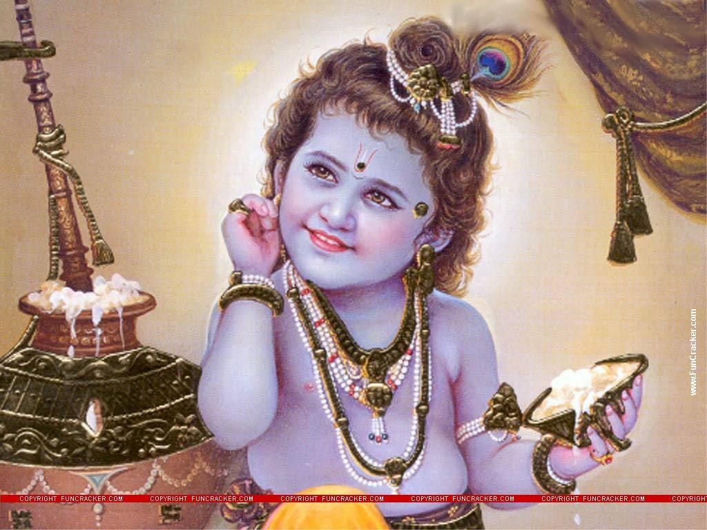 Bal Krishna Holding A Bowl With Curds Background