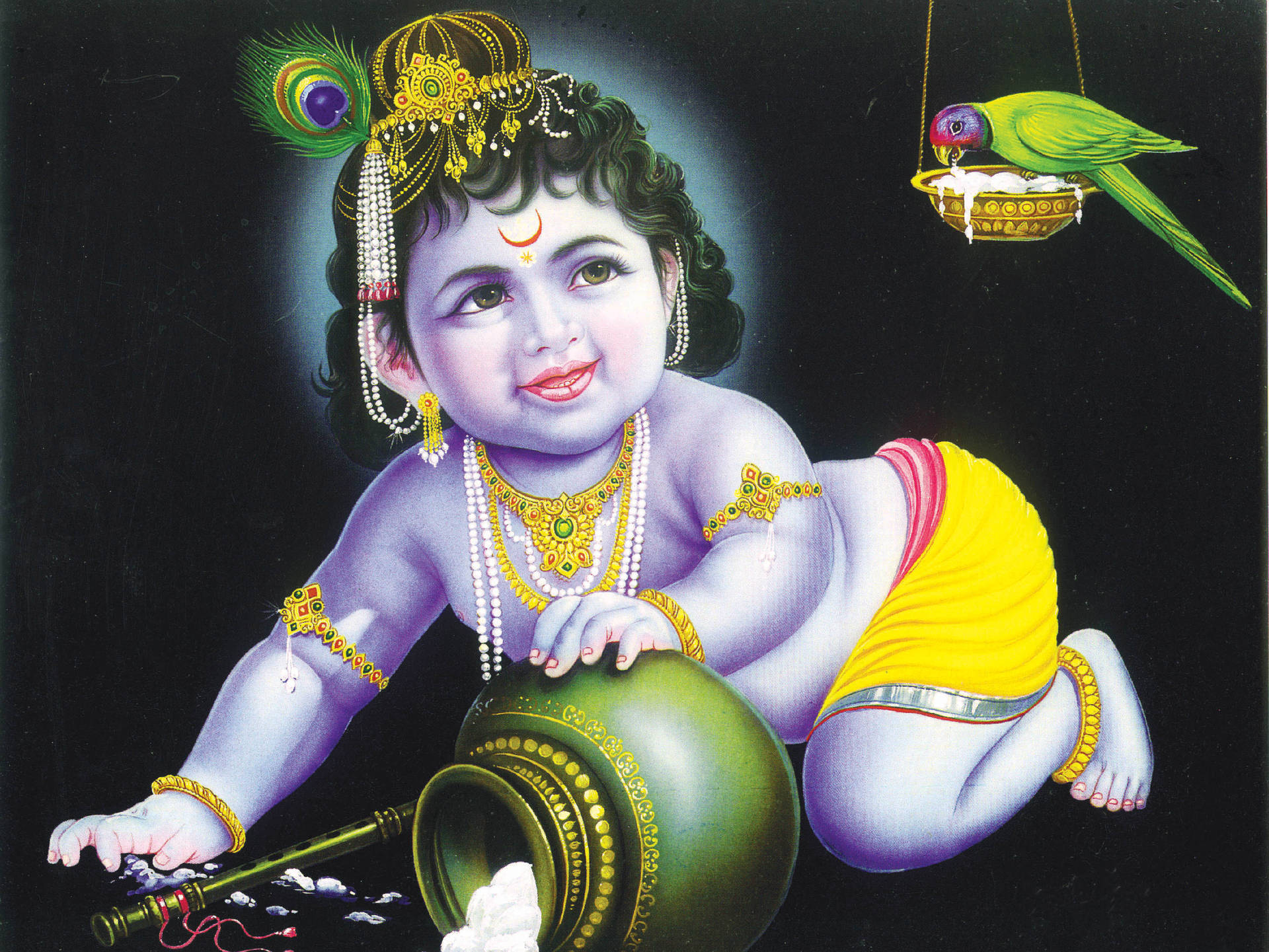 Bal Krishna With A Parakeet Background