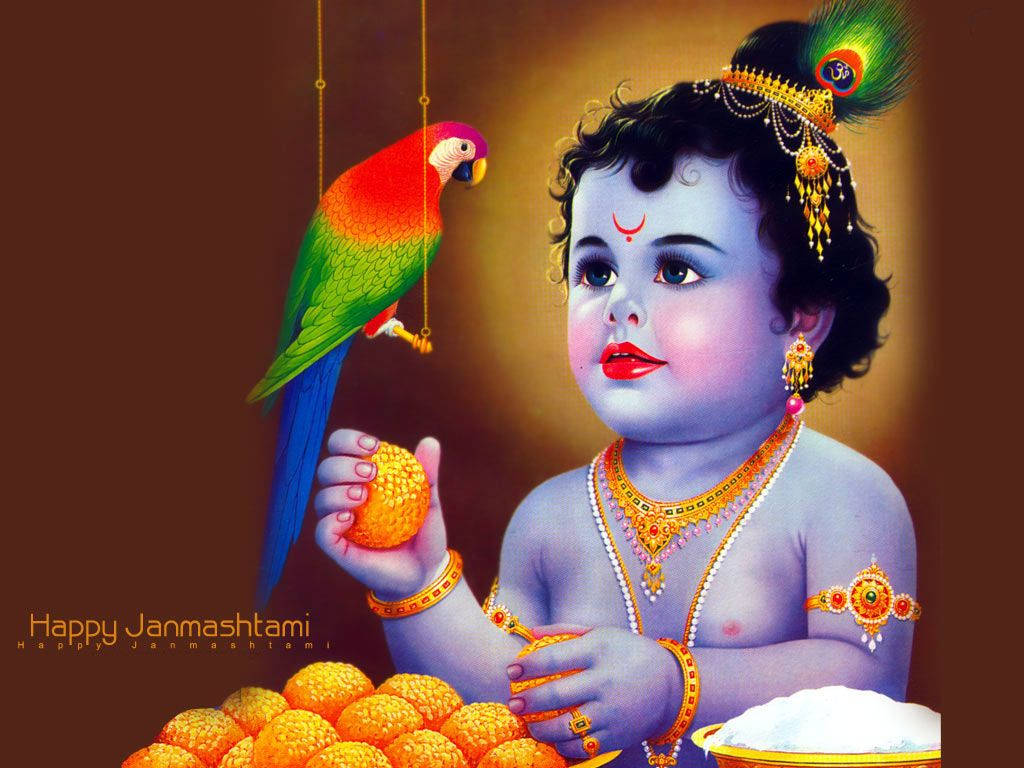 Bal Krishna With A Scarlet Macaw And Kadamba Background
