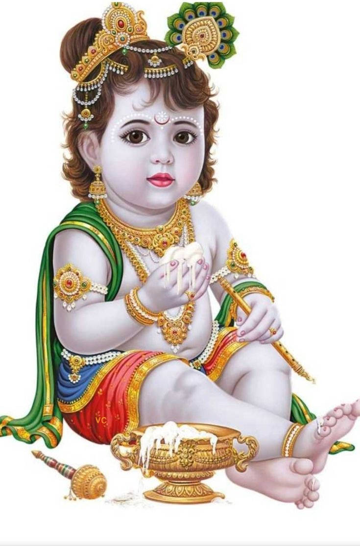 Bal Krishna With Milk Curd And Flute