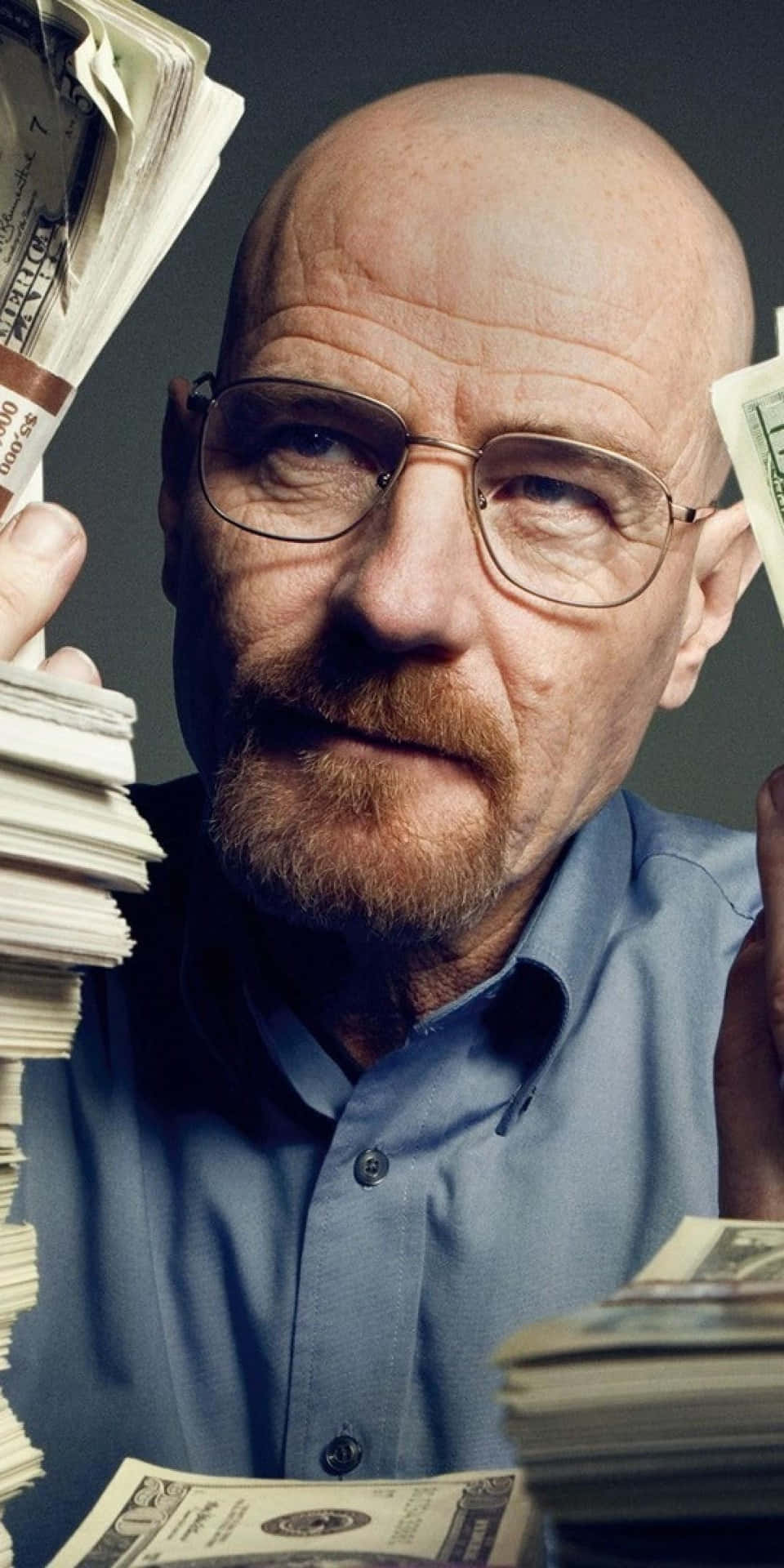 Bald Man With Glassesand Money Stacks Background