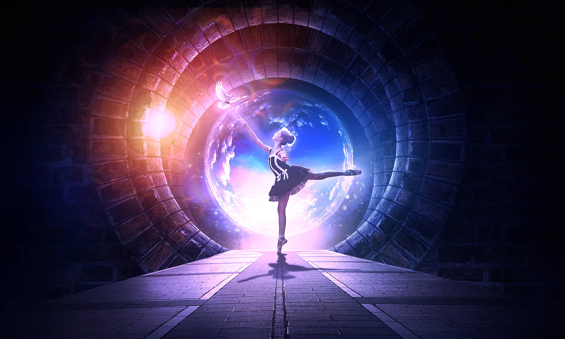 Ballerina In Rainbow Tunnel Dance Pose Background