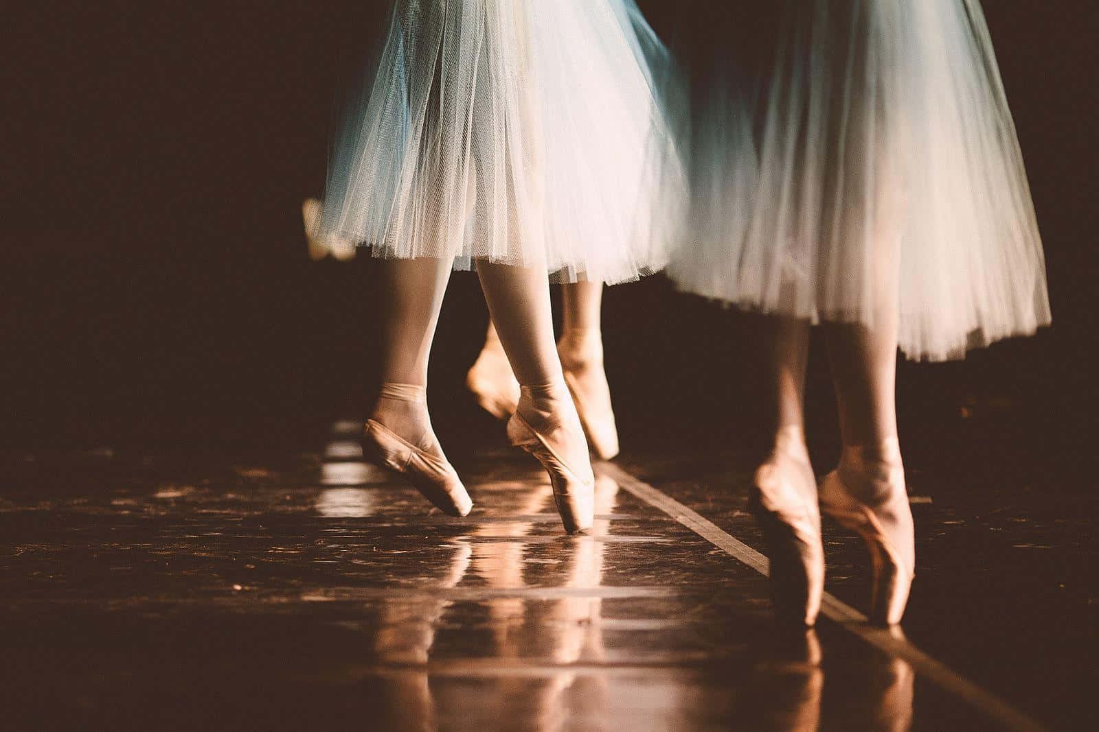 Ballet Dancers In Tutus Walking On A Dark Floor Background