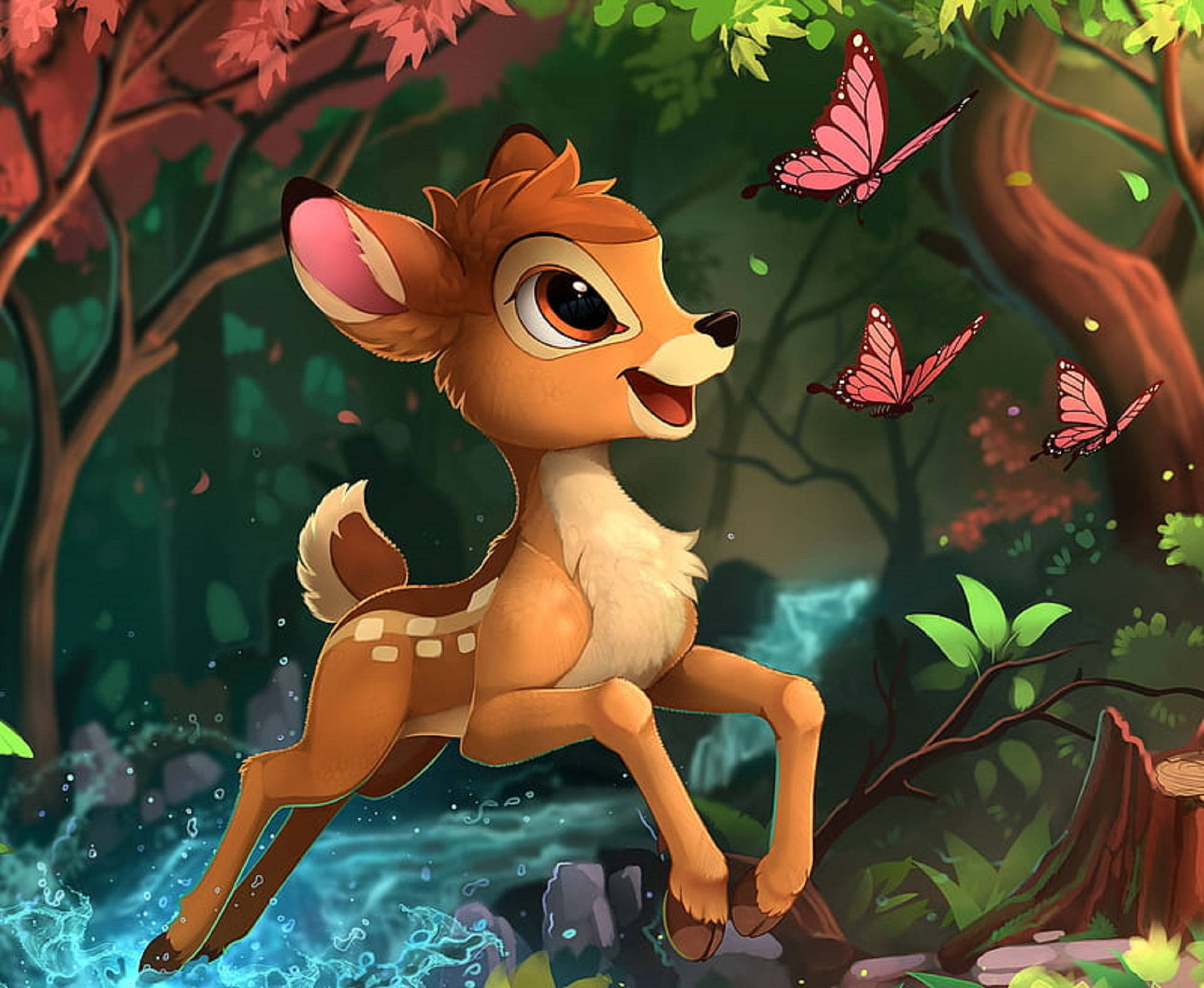 Bambi With Red Butterflies Background