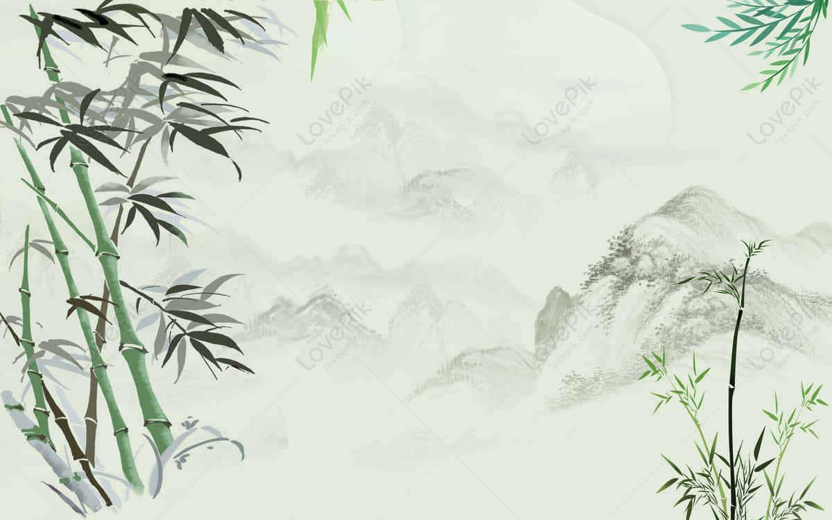 Bamboo Trees And Mountains In A Chinese Style Background