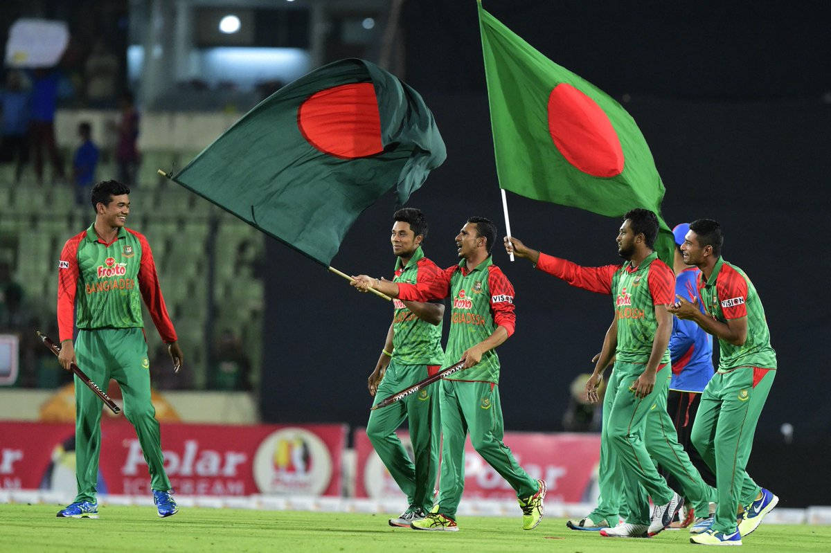 Bangladesh Cricket Team With Bangladesh Flag Background
