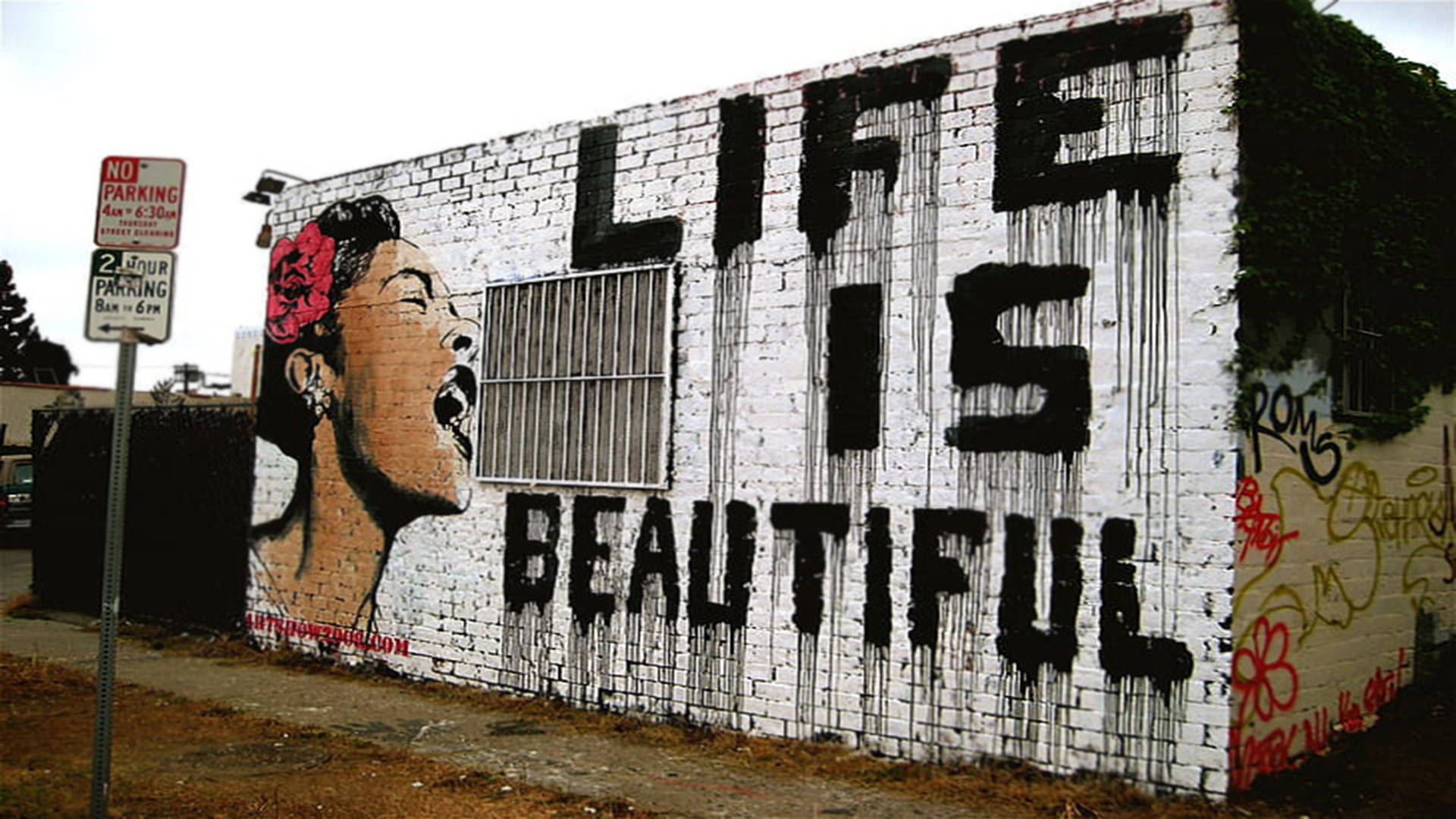 Banksy's Vibrant Life Is Beautiful Street Art Mural Background
