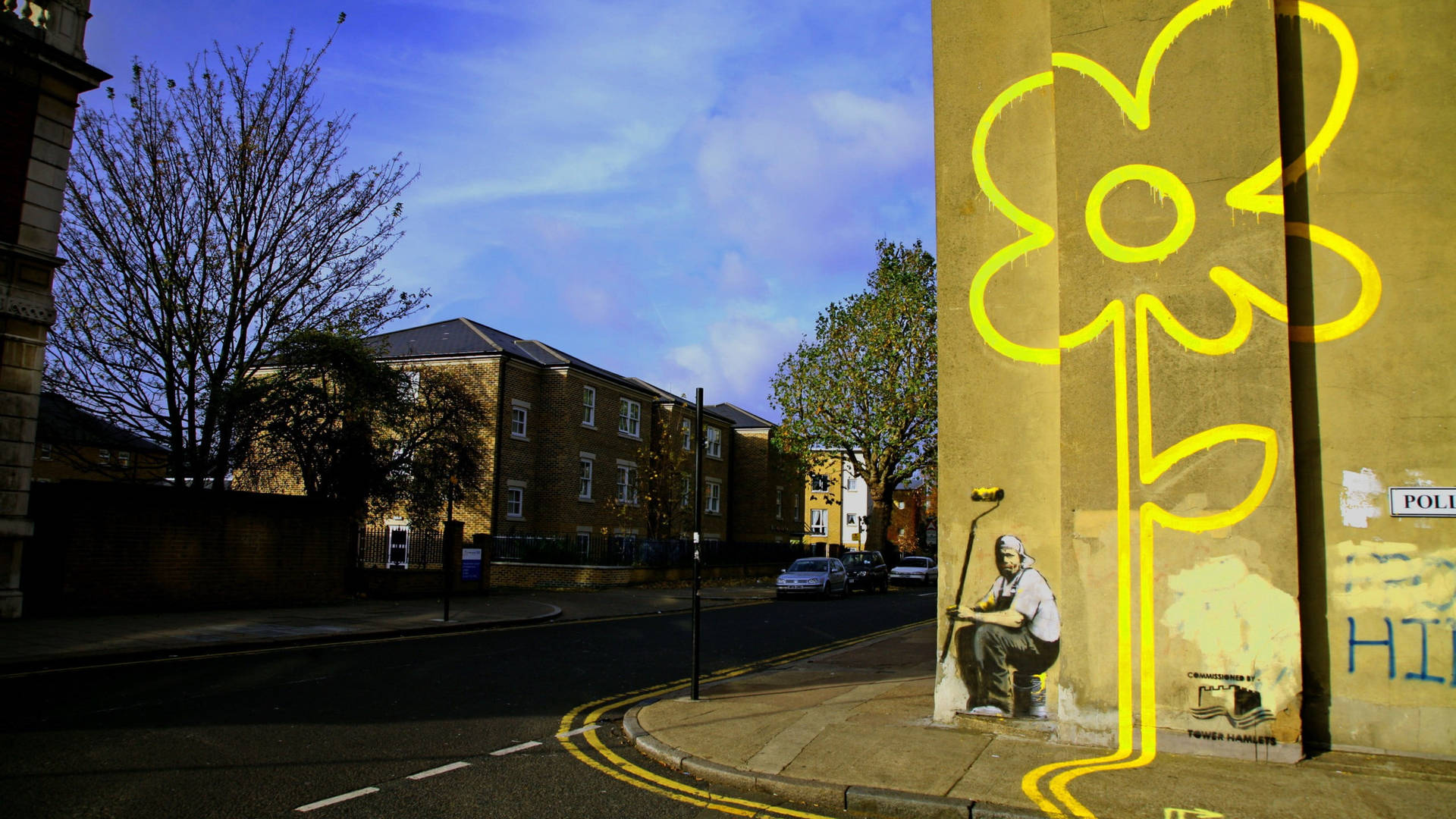 Banksy Yellow Lines Flower Painter Background