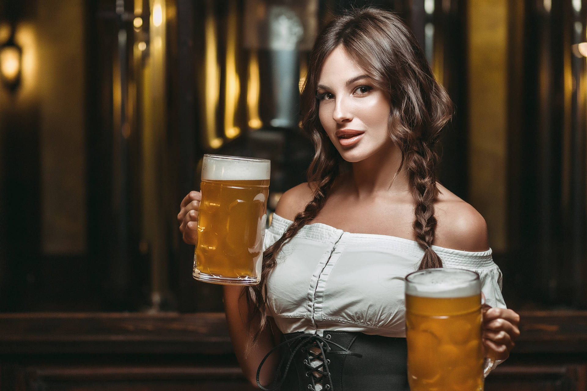 Bar Waitress With Braids Background