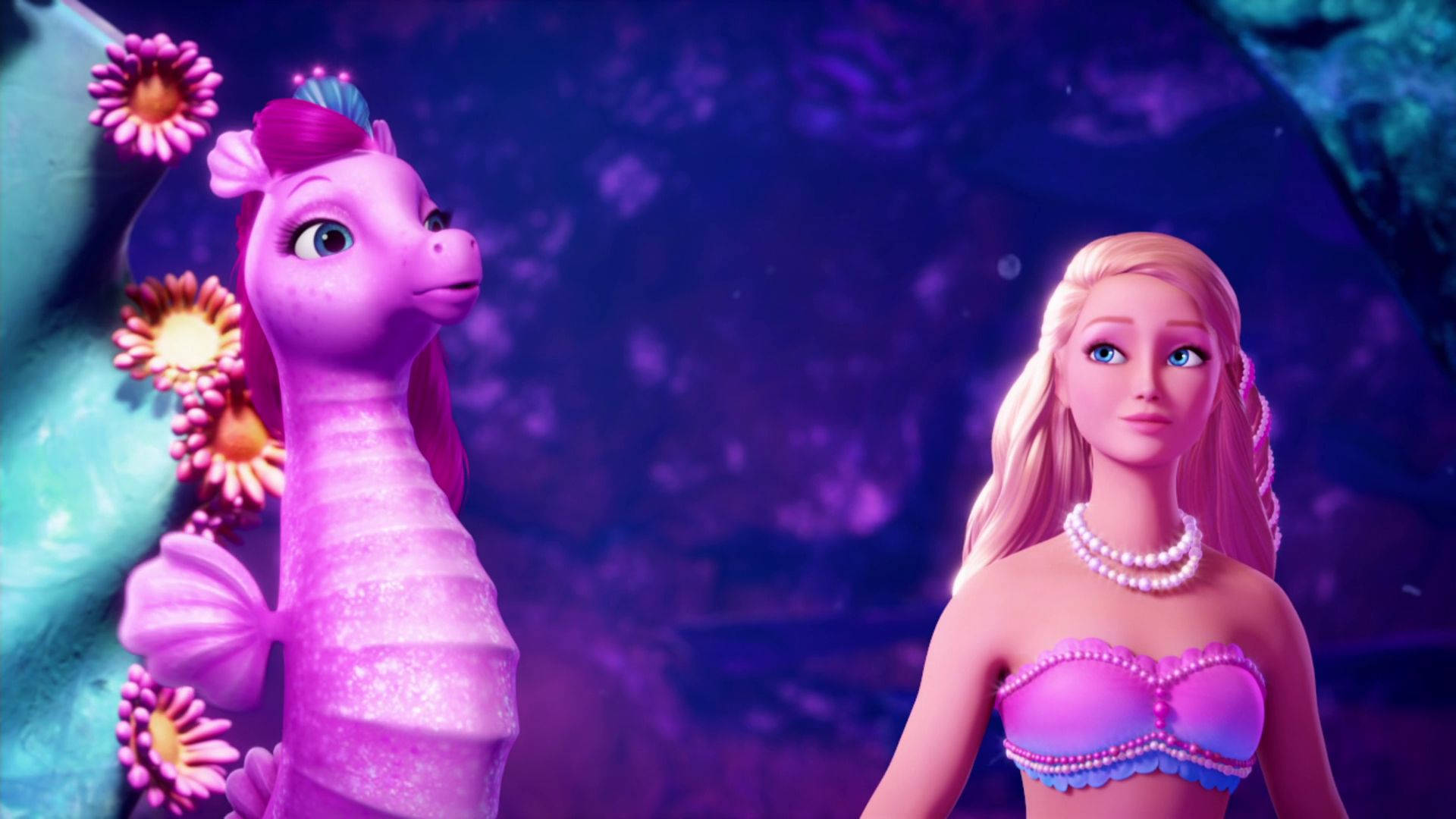 Barbie Mermaid And Pink Seahorse Background