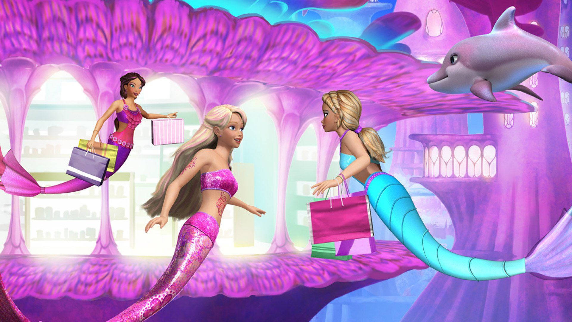 Barbie Mermaid Gracefully Swimming Underwater Background