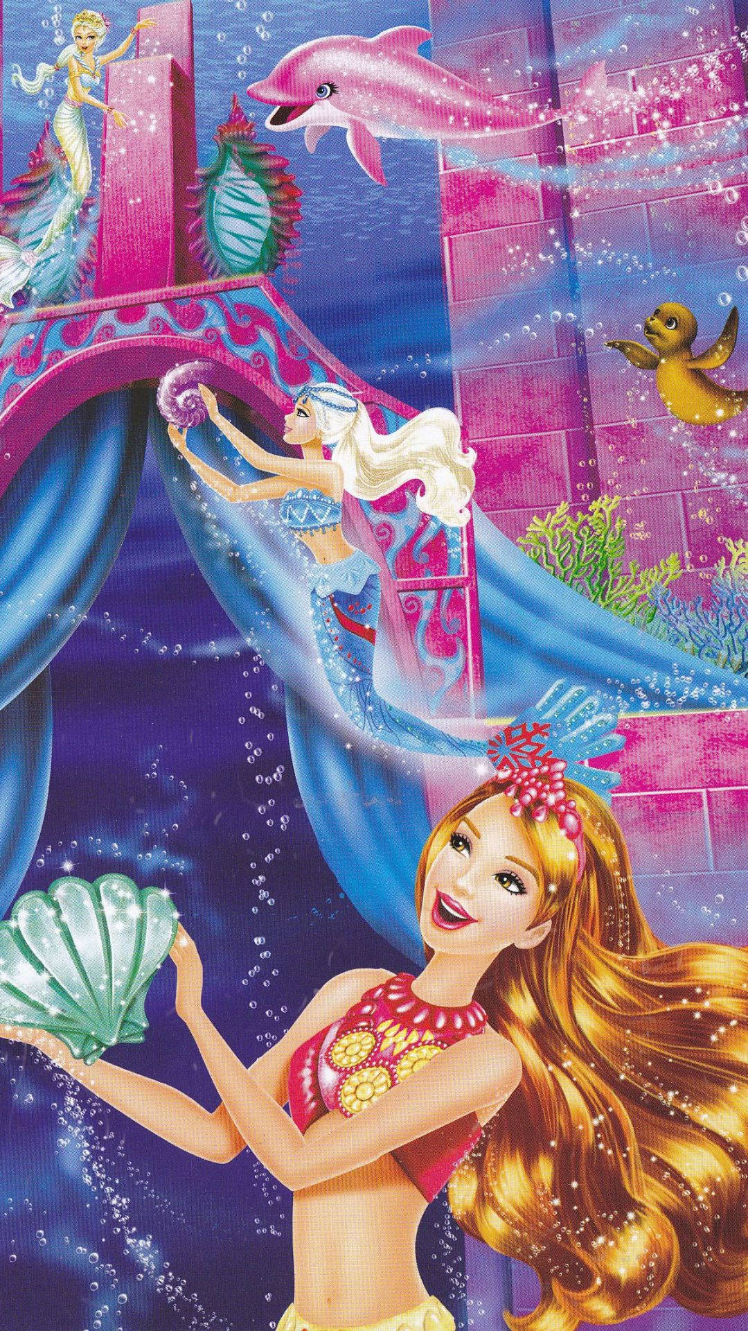 Barbie Mermaids Holding Shells Background
