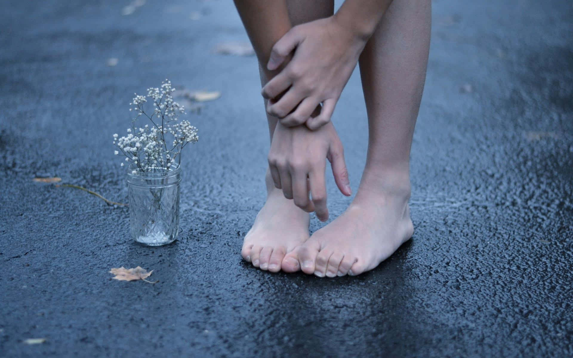 Barefoot Toes Flowers On Ground Background