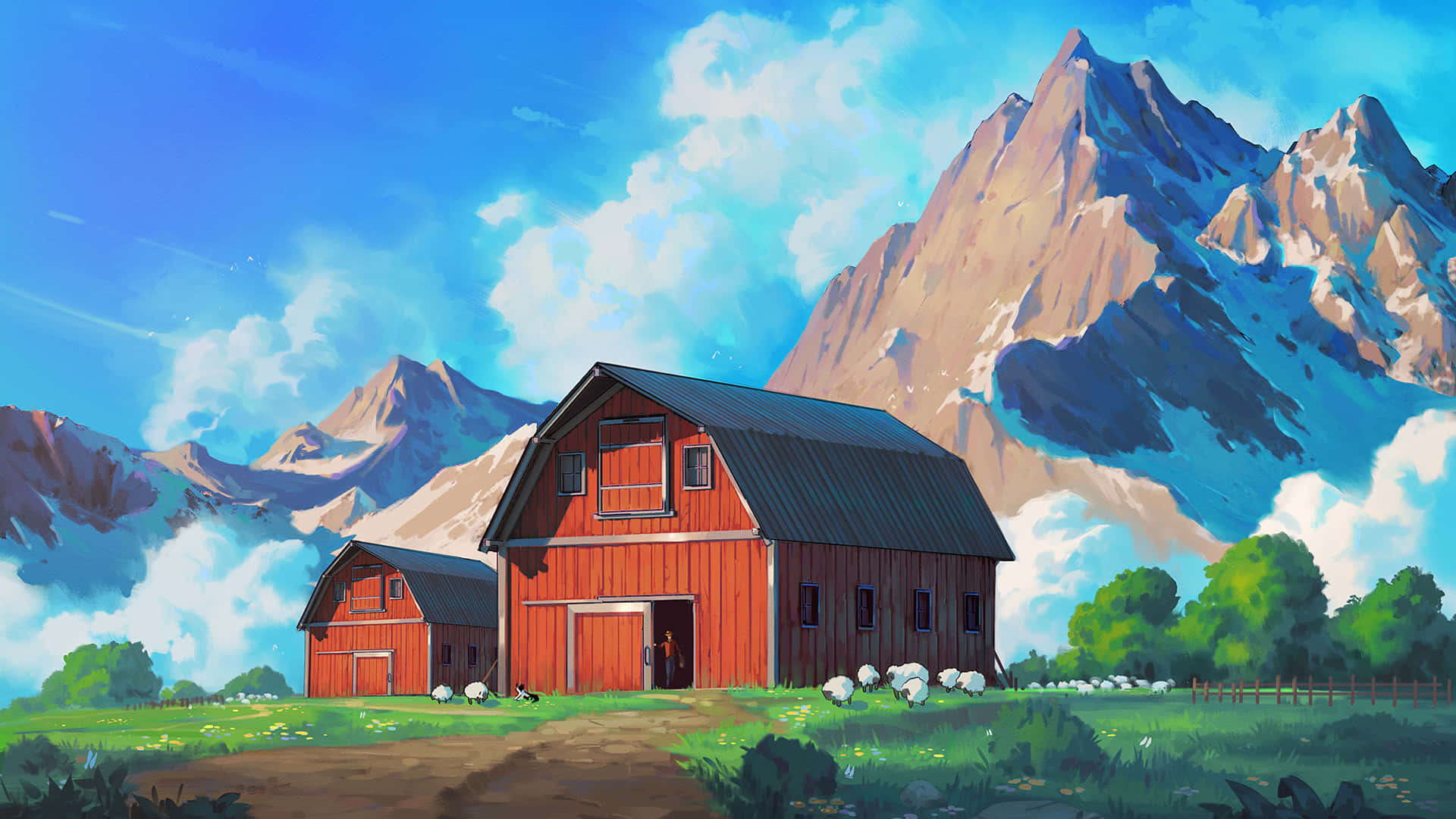 Barn In Mountain Countryside Anime Art