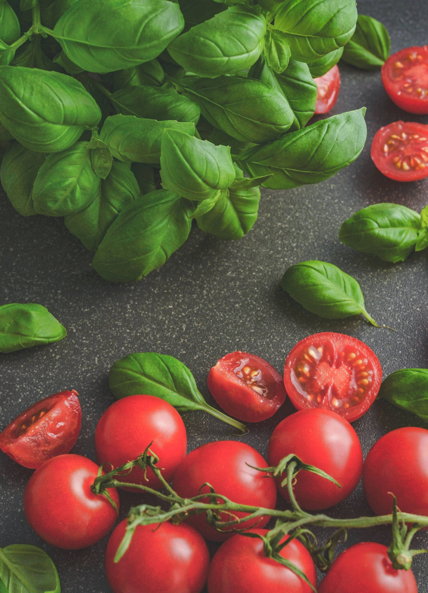 Basil Herb Leaves And Cherry Tomatoes Background