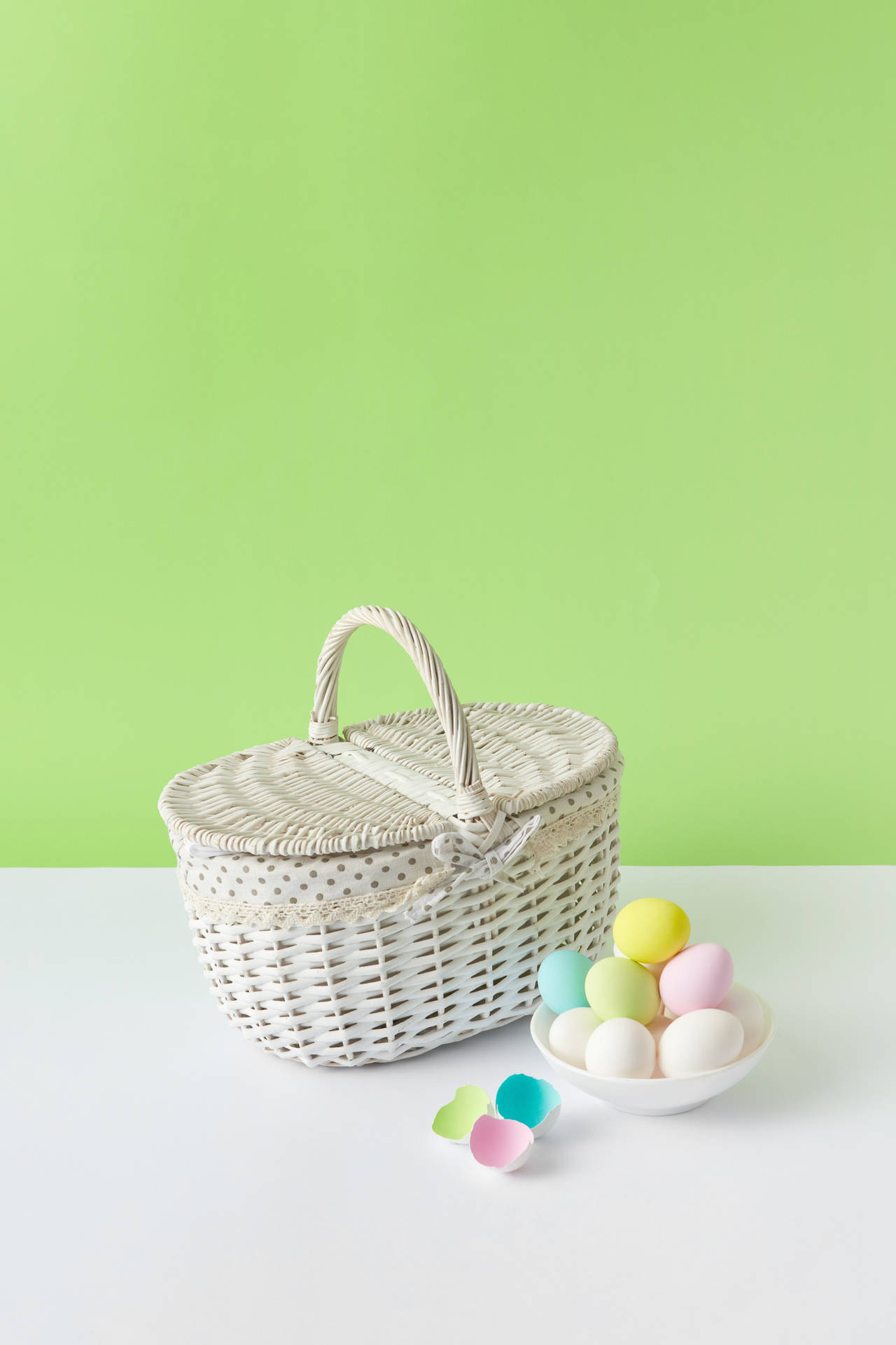 Basket And Eggs In Cute Pastel Aesthetic Background