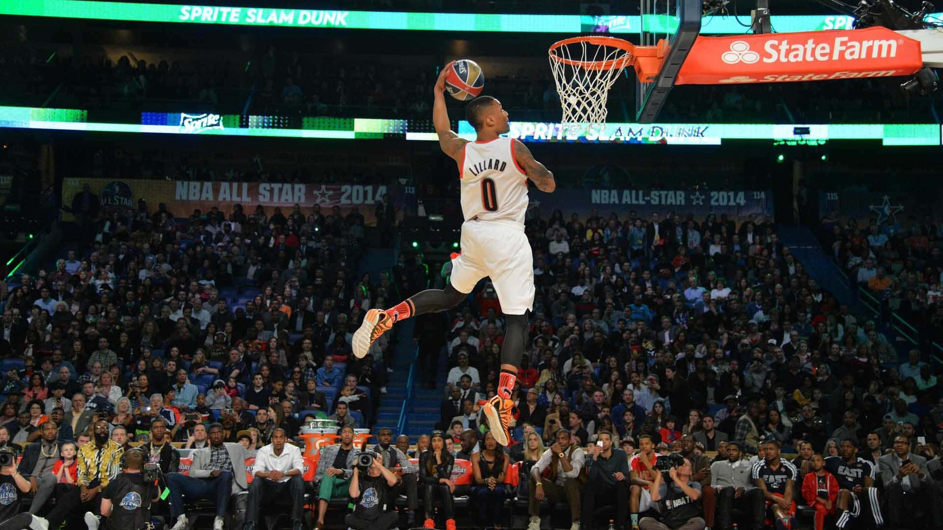Basketball Player Mid Air Dunk Performance Background