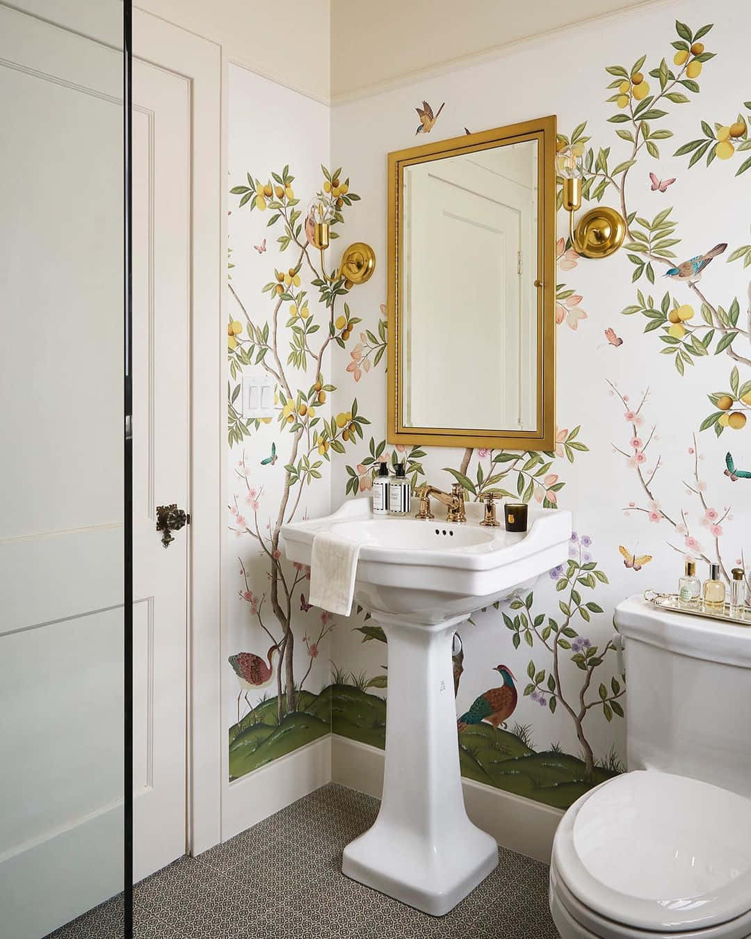 Bathroom Golden Mirror Frame Flowery Wall