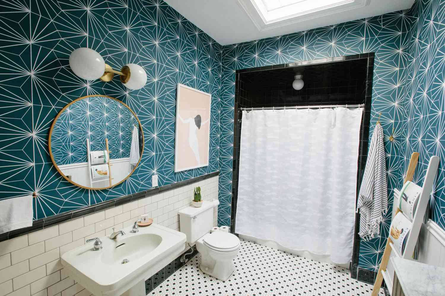 Bathroom With Black And White Floor Tiles