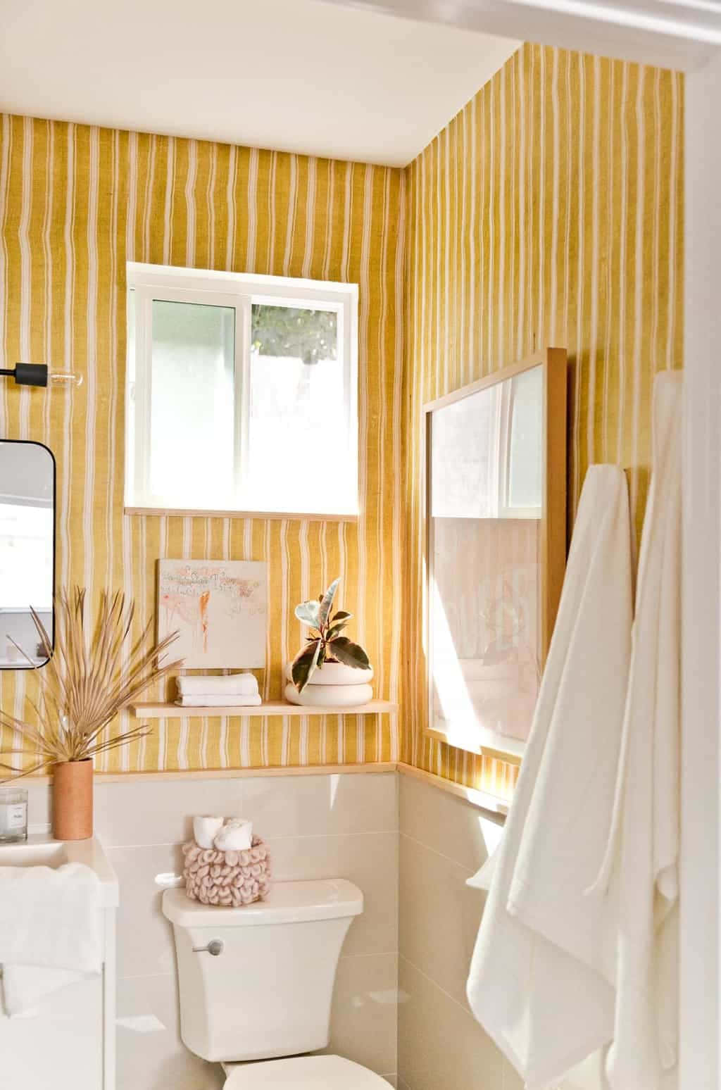 Bathroom Yellow Stripe Patterned Walls