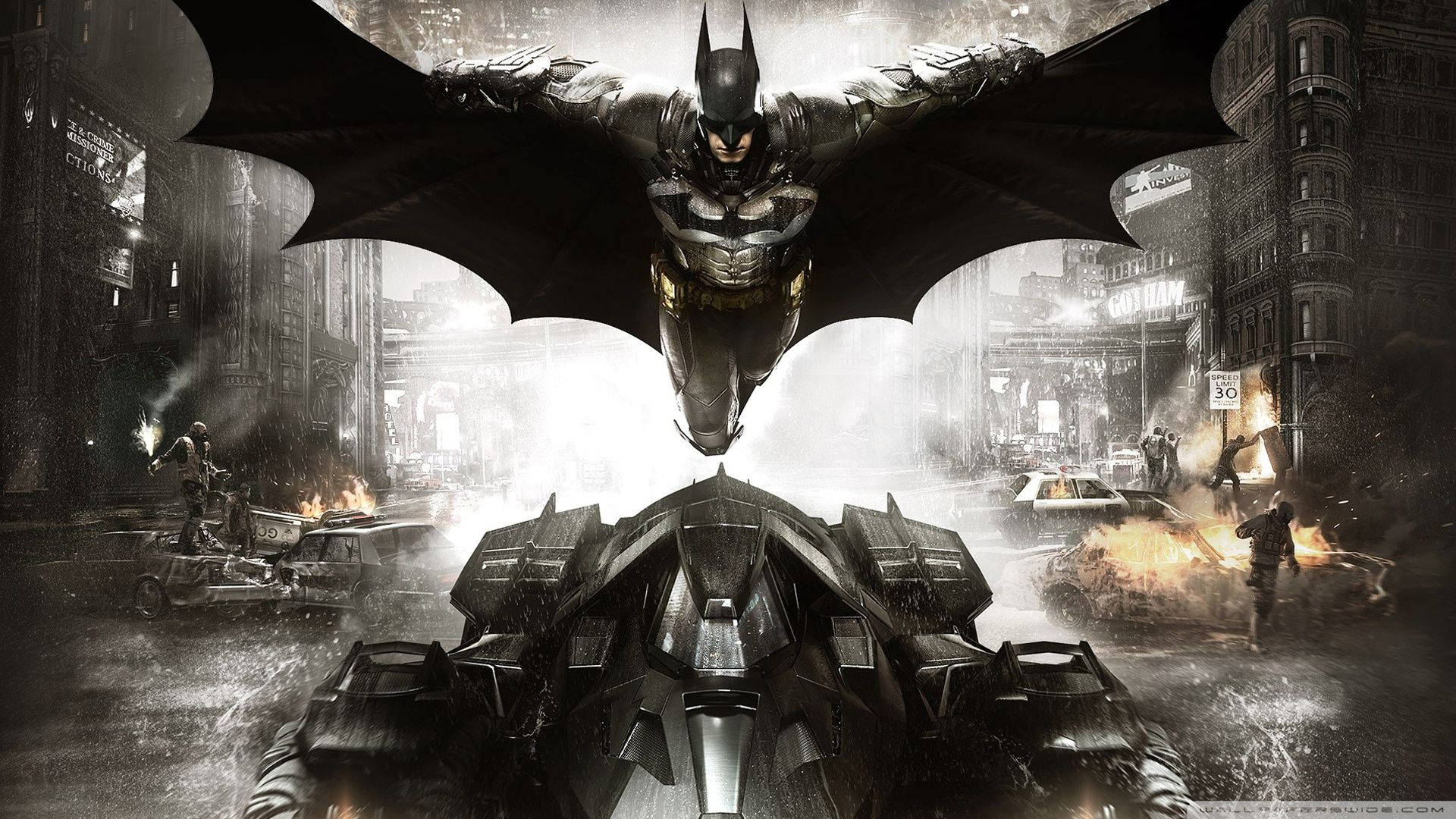 Batman Flying Over Batmobile Background