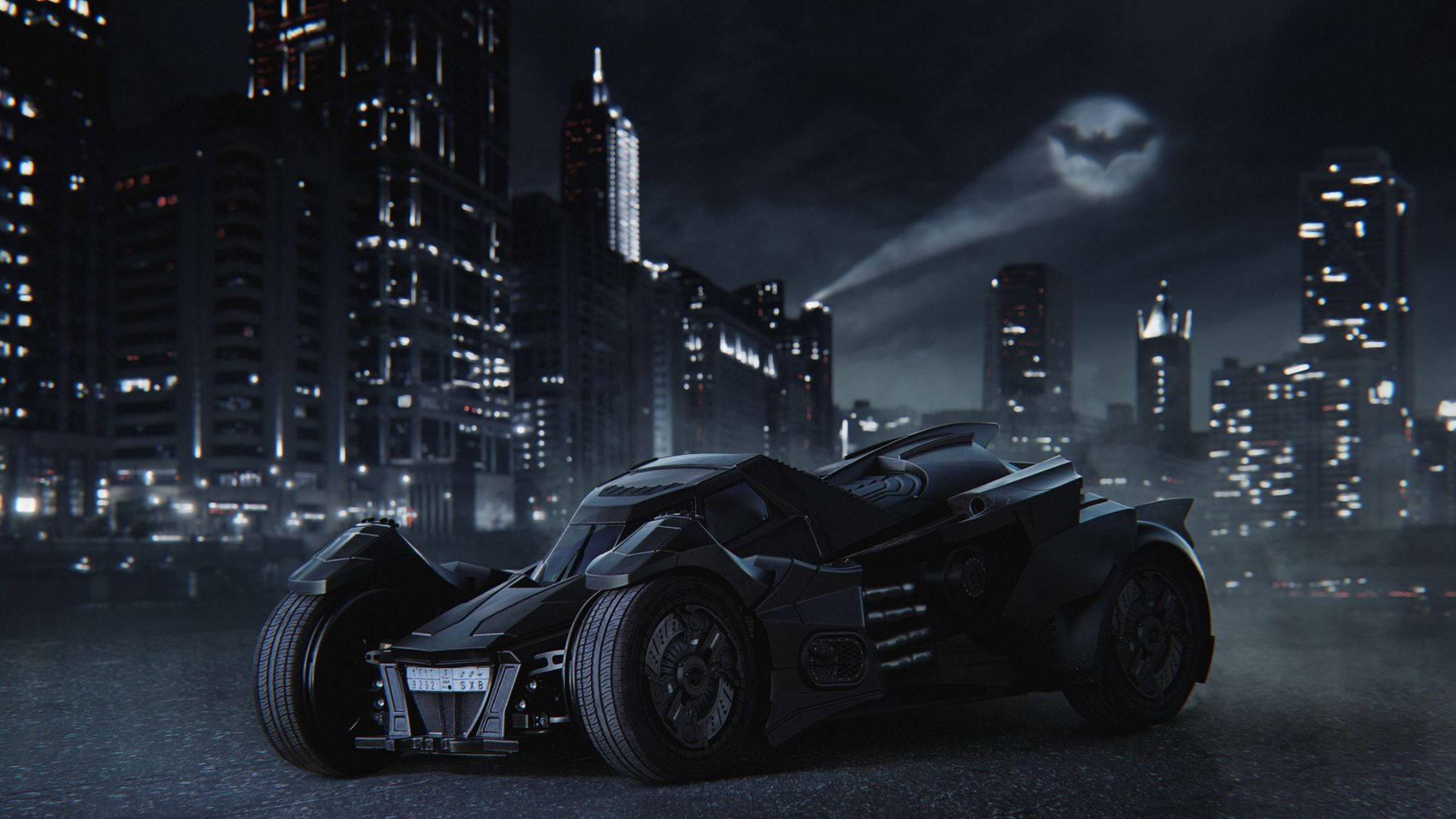 Batman Forever Batmobile In Gotham Background