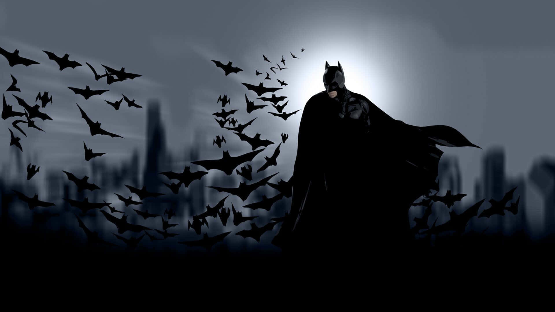 Batman In The Dark Sky With Bats Flying Around Him Background