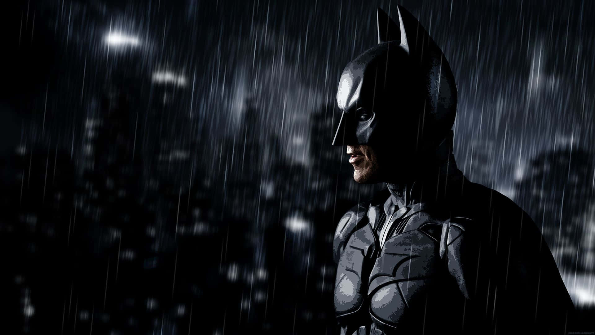 Batman In The Rain Standing In Front Of A City Background