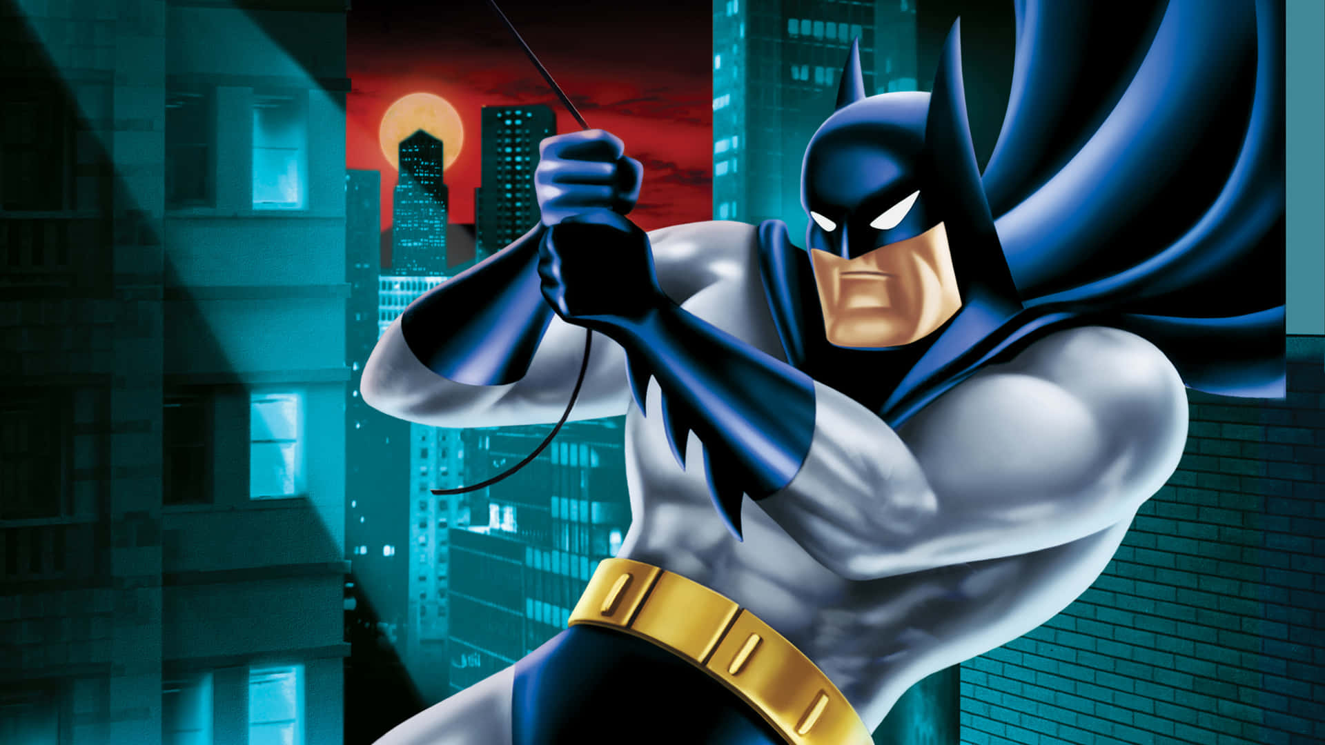 Batman Soars Through The Night City Skyline. Background
