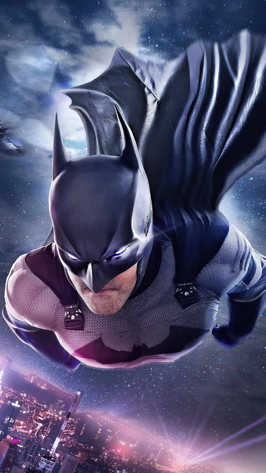 Batman Swinging Through The Majestic Skyline Of Arkham City On Iphone Background