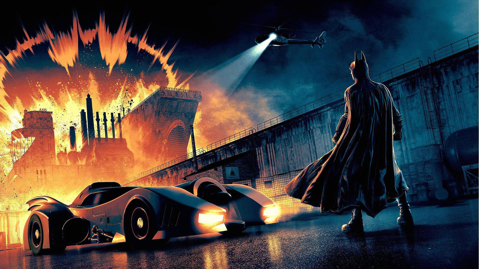Batmobile In Burning Gotham City Background