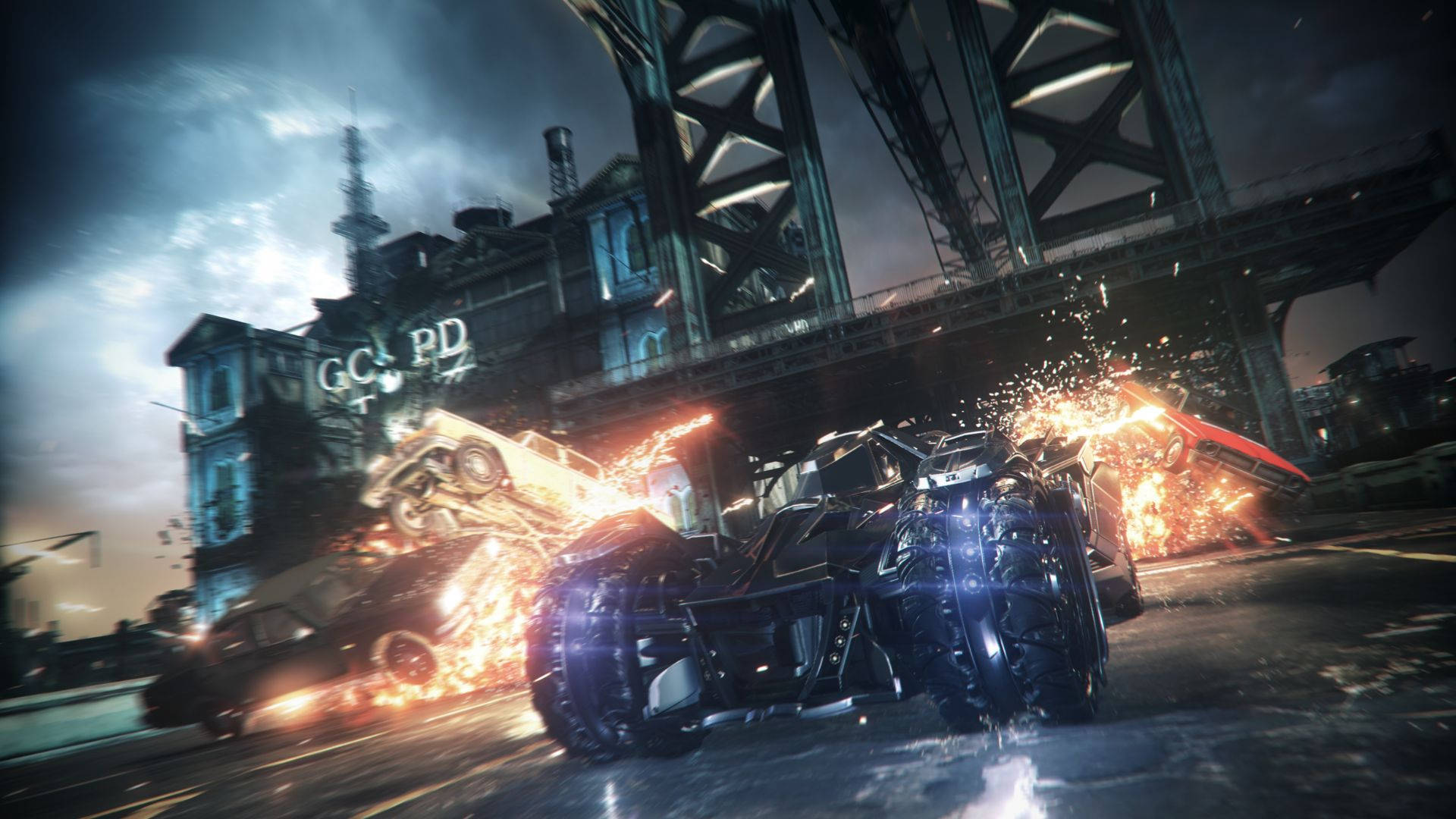 Batmobile In Front Of Crashing Cars Background