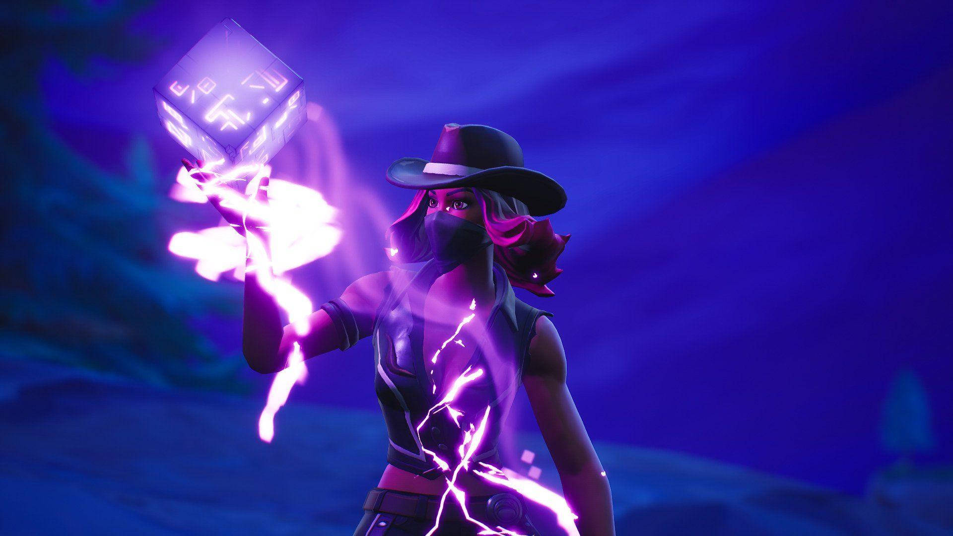 Battle Royale's Fiery Enigma, Calamity With The Mysterious Purple Cube In Fortnite Background