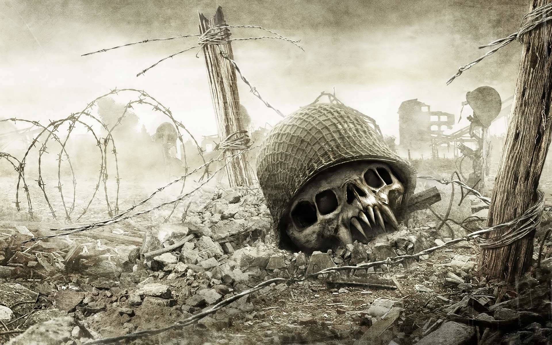 Battle-scarred Skull Remains As A Symbol Of War Background