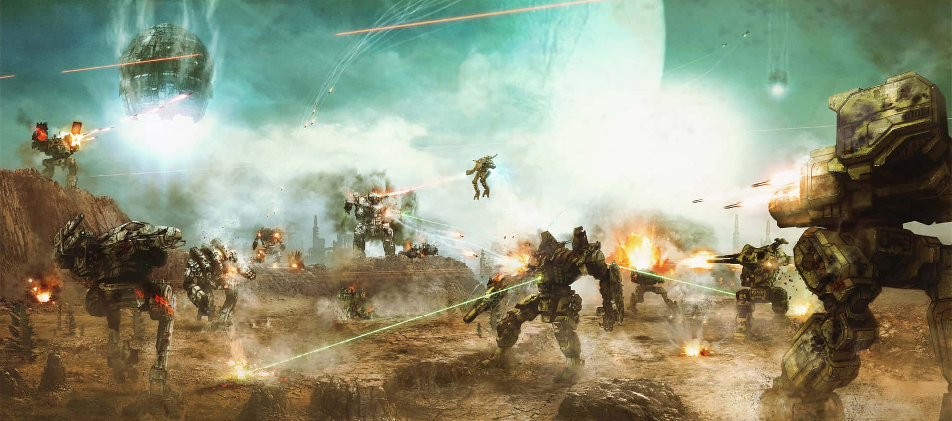 Battlemechs Engaging In Combat On A Futuristic Battleground Background